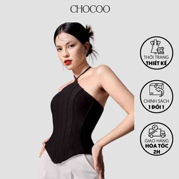 Áo Thiết Kế Ivory Corset Dây Yếm Chất Liệu Cắt Len Phong Cách Trẻ Trung Màu Đen