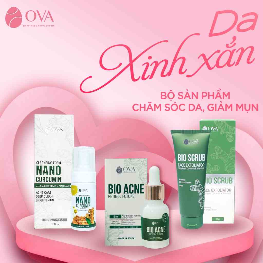 Set quà Ova chăm sóc da toàn diện, Sữa rửa mặt Nano Curcumin, Tẩy da chết Bio Crubs, Kem Bio Acne