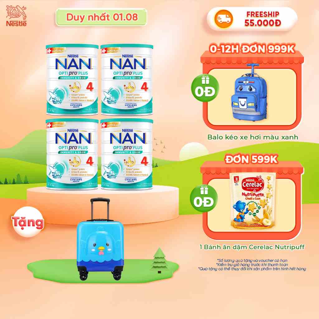 [Tặng Vali Hình Thú] Combo 4 lon Sữa Bột Nestlé NAN OPTIPRO PLUS 4 1500g/lon với 5HMO