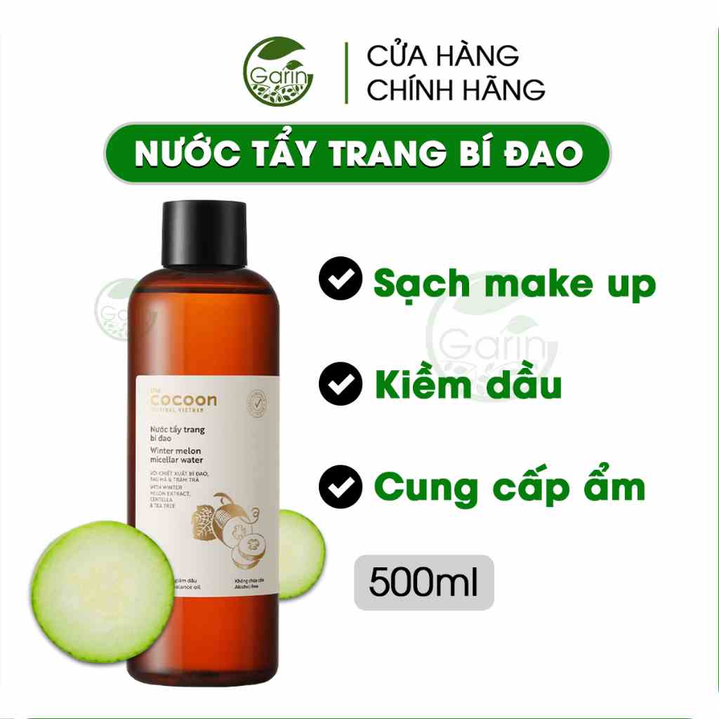 Nước tẩy trang bí đao cho da dầu mụn Cocoon Garin 500ml làm sạch lớp trang điểm bụi bẩn bả nhờn