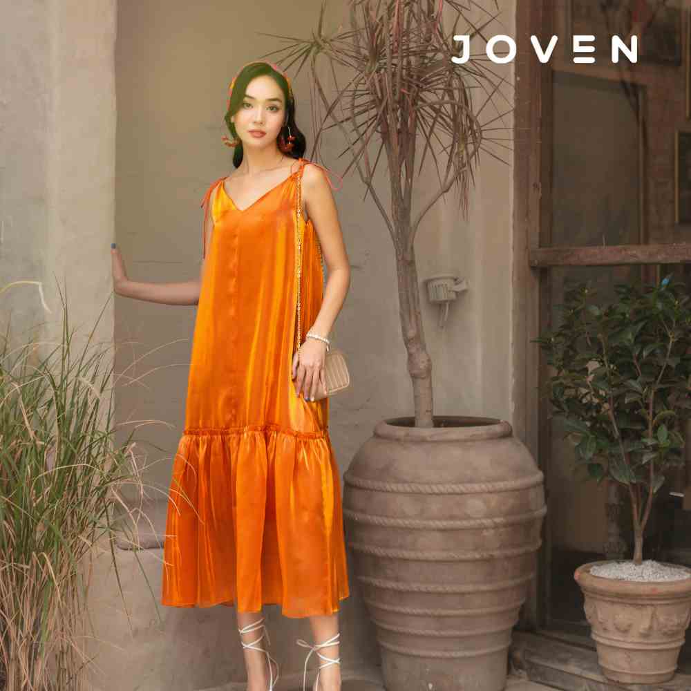 Đầm 2 dây organza bèo đen/ cam Joven