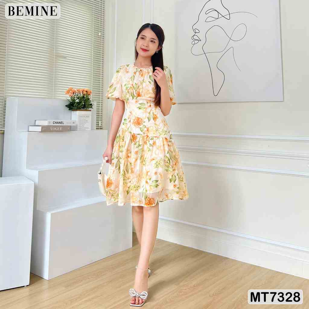 Đầmtay phồng cổ tròn nhún tùng BEMINE MT7328