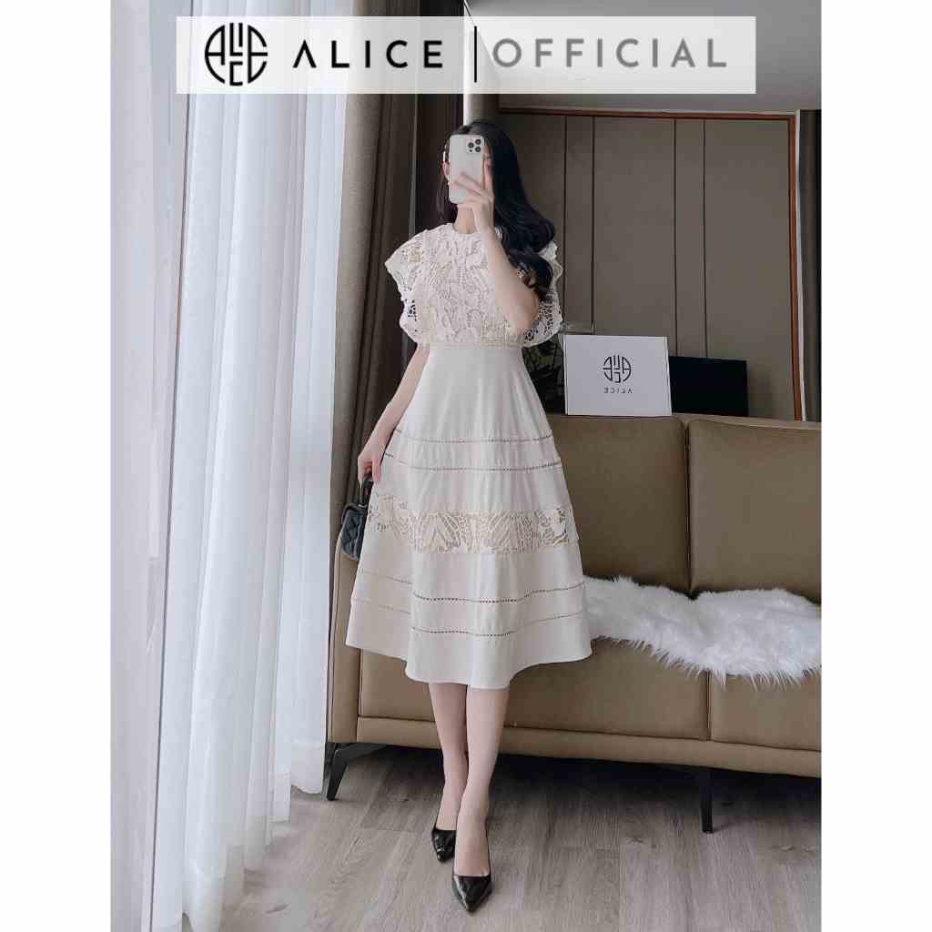 Váy Ren Tiểu Thư Cổ Tròn Phối ALICE Dáng Xòe Tiếu Thư Chất Trượt Nhật Cao Cấp Mềm Mát, Có Lót Trong Dày Dặn V920