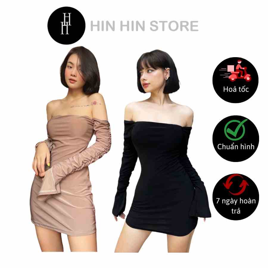 [Mã BMLTB35 giảm đến 35K đơn 99K] Đầm trễ vai tay dài màu nude & đen váy body hở vai HDT275 Hỉn Hỉn Store