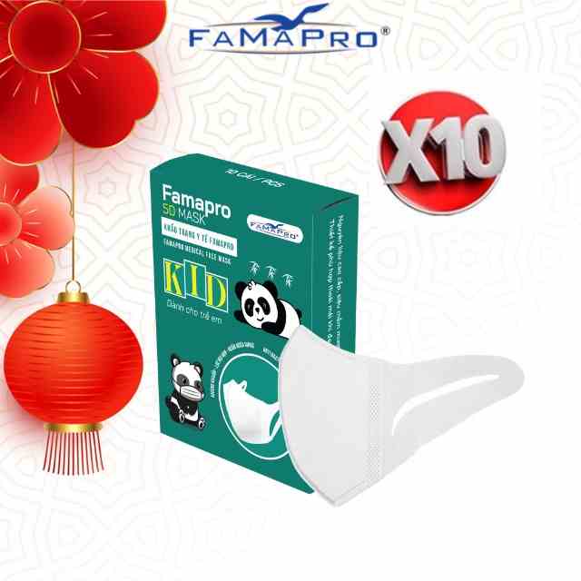 Combo 10 Hộp khẩu trang y tế trẻ em kháng khuẩn 3 lớp Famapro 5D Mask Kids quai vải (10 cái/hộp)