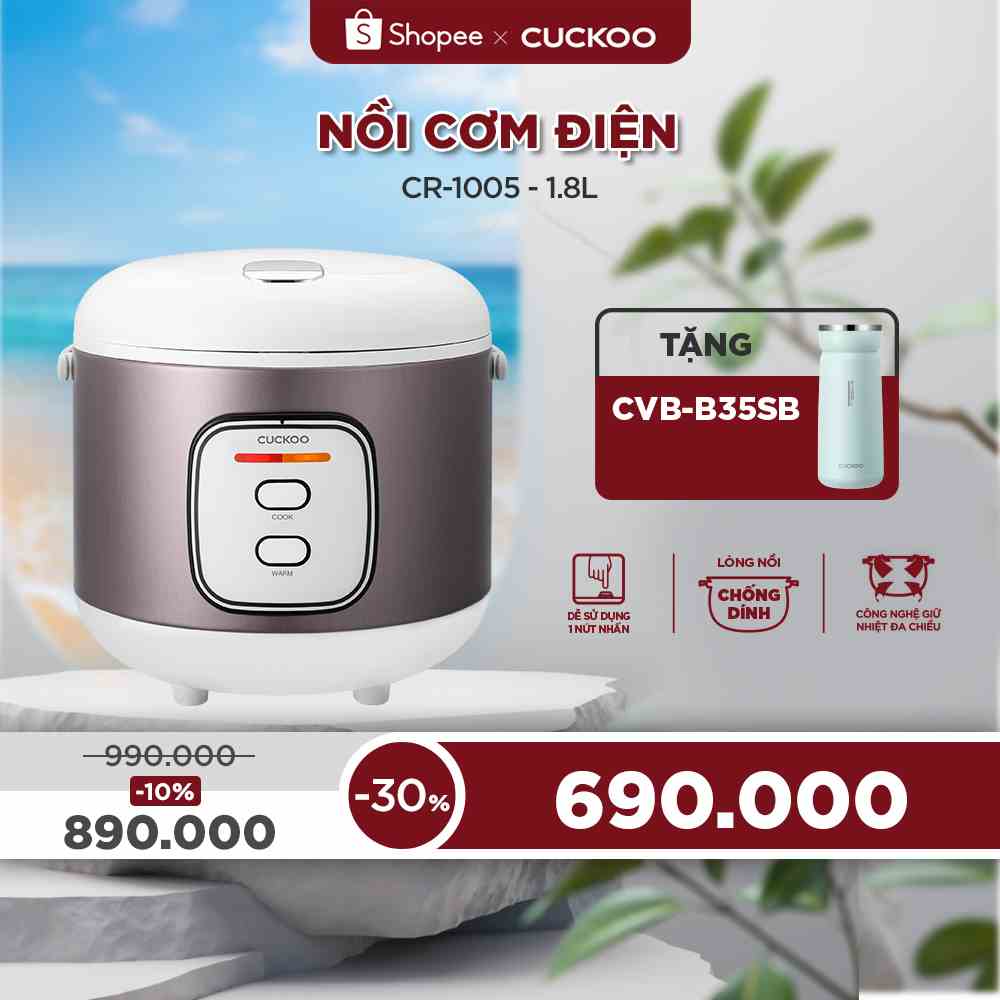 [Mã ELHACE01 giảm 12% đơn 300K] Nồi cơm điện Cuckoo 1.8L CR-1005 lòng nồi chống dính - Bảo hành 2 năm -Hàng chính hãng