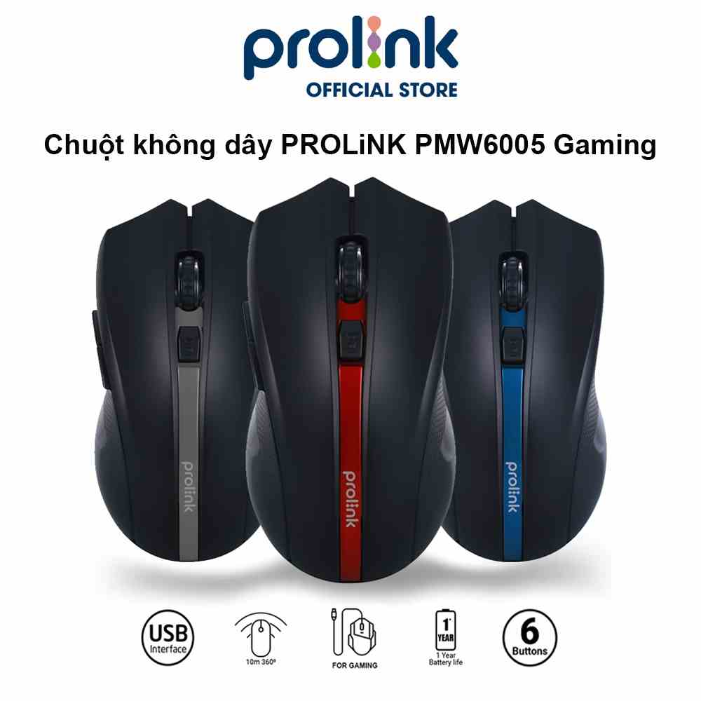 Chuột không dây PROLiNK PMW6005 kiểu dáng Gaming, tiết kiệm pin, độ nhạy cao dành cho PC, Laptop