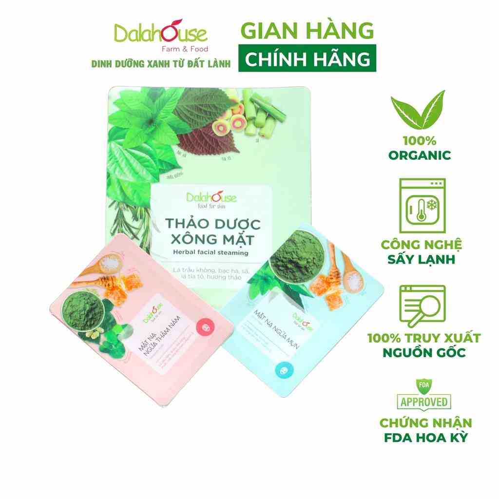 Combo chăm sóc da mặt Dalahouse: Gói xông thảo dược, mặt nạ ngừa mụn, ngừa thâm nám 30gr