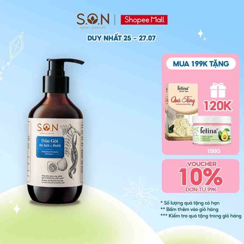 Dầu gội bồ kết & bưởi S.O.N giảm gãy rụng, giảm gàu, dưỡng mượt tóc 250ml