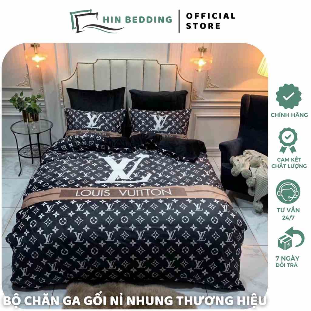 Bộ Chăn Ga Gối Nỉ Nhung Sang Chảnh HIN BEDDING, Chăn Ga Gối Nỉ Nhung In Thương Hiệu Cao Cấp Đủ Kích Thước Tặng Túi Xách