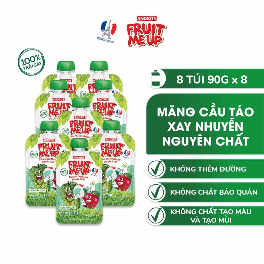 Combo 8 túi Trái Cây Xay Nhuyễn Vị Mãng cầu táo - 100% trái cây thật - ANDROS FRUIT ME UP - 90gx8