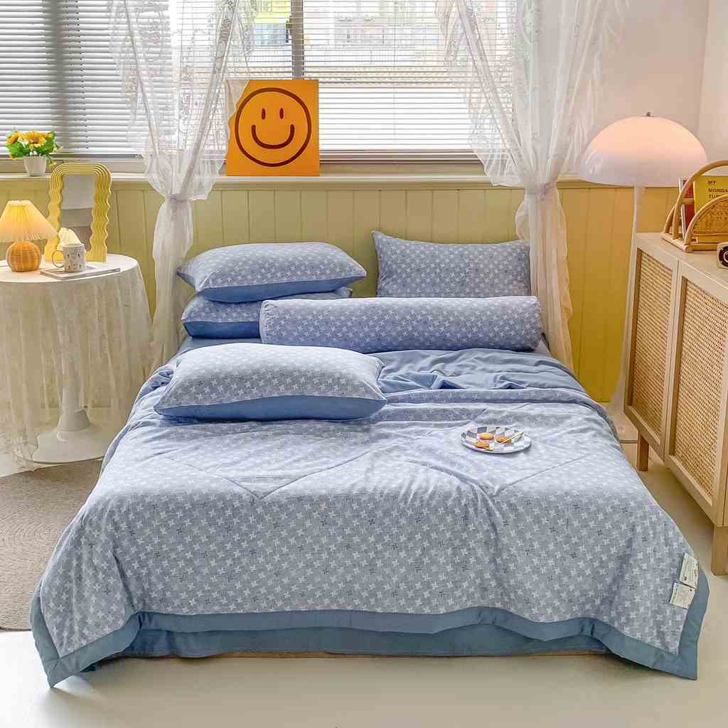 Trọn Bộ Chăn Ga Gối Cotton Đũi Kẻ Anivia, chăn đã có ruột Chất Vải Mềm Mịn, Dầy Dặn, Đủ Kích Thước