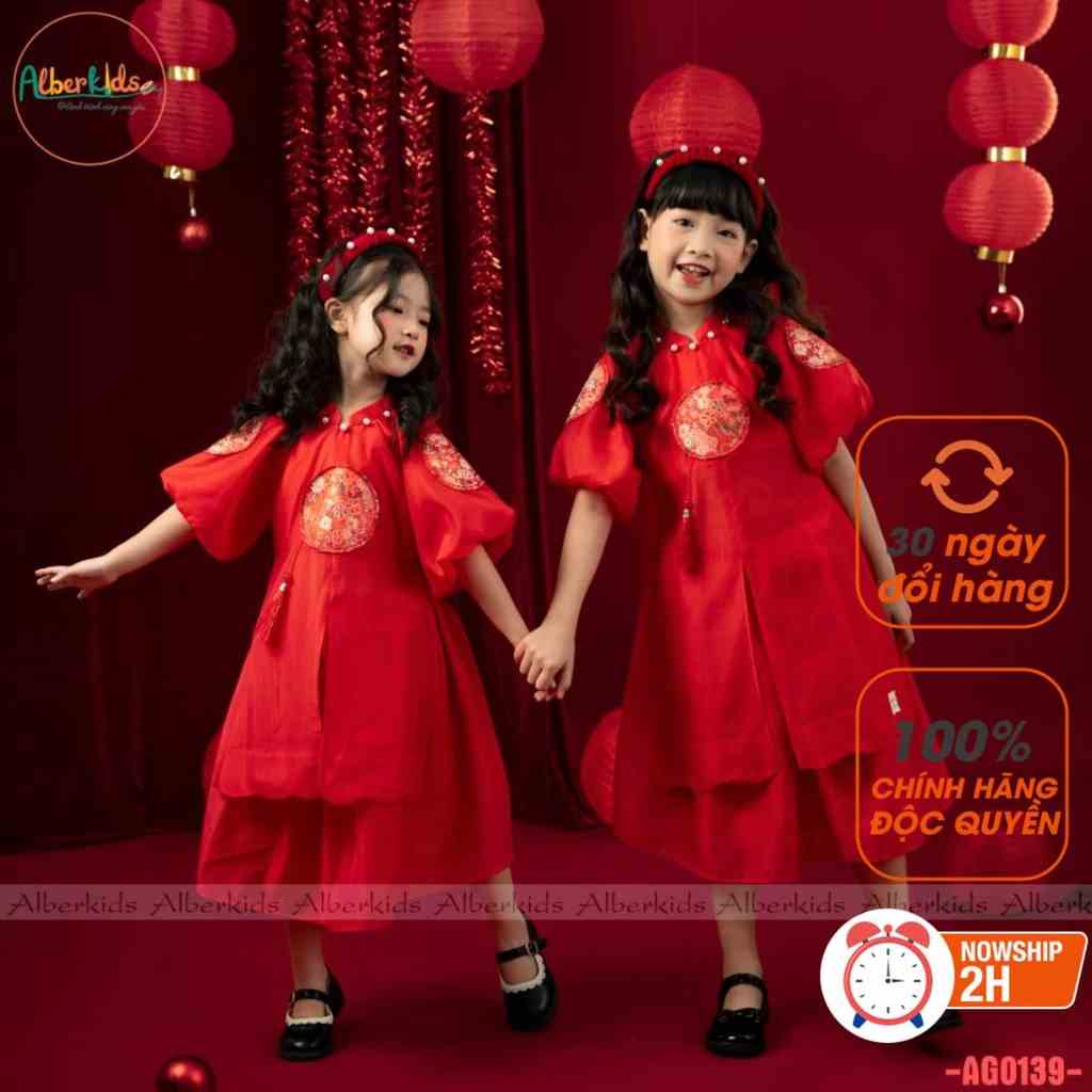 Áo dài bé gái ALBERKIDS ĐỎ, VÀNG nhật nguyệt 2 lớp cho trẻ em 2,3,4,5,6,7,8,9,10,11,12 tuổi [AG0139]