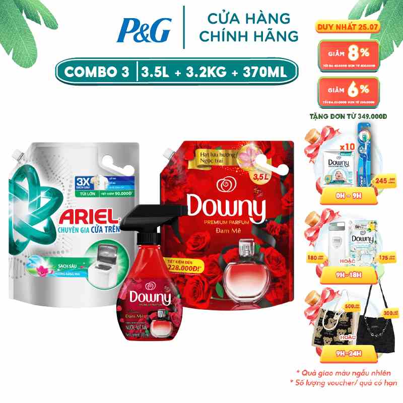 Combo thơm mát gồm nước giặt Ariel cửa trước nắng sớm 3.2kg, nước xả Downy Đam mê 3.5L & xịt vải Downy đam mê 370ml