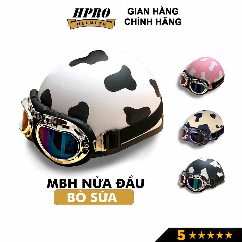 Mũ bảo hiểm nửa đầu Hpro Helmet, có kính UV, phi công, tem Bò Sữa cute, an toàn, chất lượng, Freesize (55-59cm)