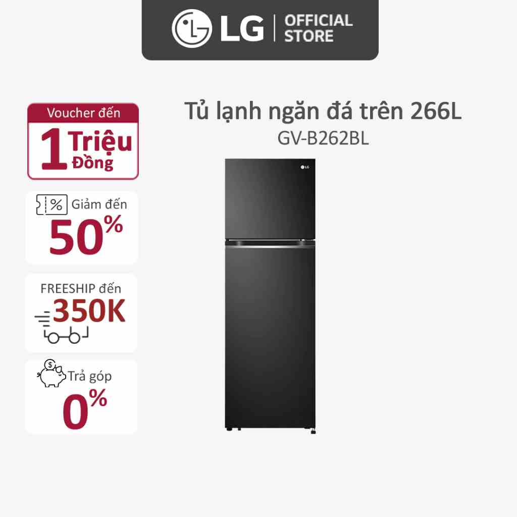 [Mã ELRE20 giảm 20% tối đa 2TR] Tủ lạnh LG ngăn đá trên Smart Inverte 266L GV-B262BL (Đen)