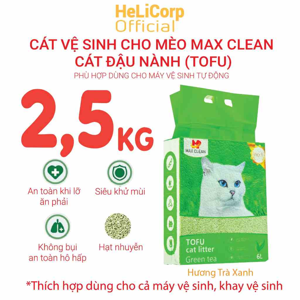 Cát Mèo, Cát Vệ Sinh Cho Mèo Đậu Nành, Tofu Hạt Nhuyễn, Hạt Nhỏ Max Clean 2.5KG Hương Trà Xanh - HeLiCorp