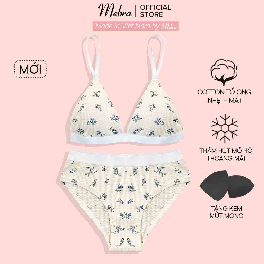 Set bikini đồ lót nữ màu be sáng hoa nhí cotton tổ ong bra không gọng mút mỏng quần tam giác đai to cá tính Mebra A064