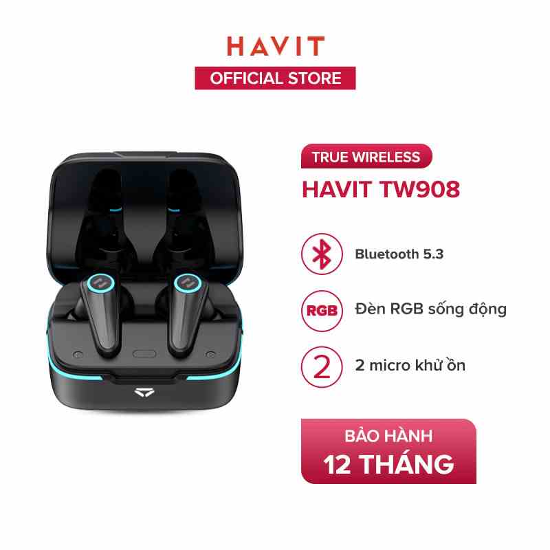 Tai Nghe Gaming TWS HAVIT TW908, BT 5.3,Gamemode 60ms, Đèn RGB, 2 Mic Khử Ồn, Nghe Đến 24H - Hàng Chính Hãng