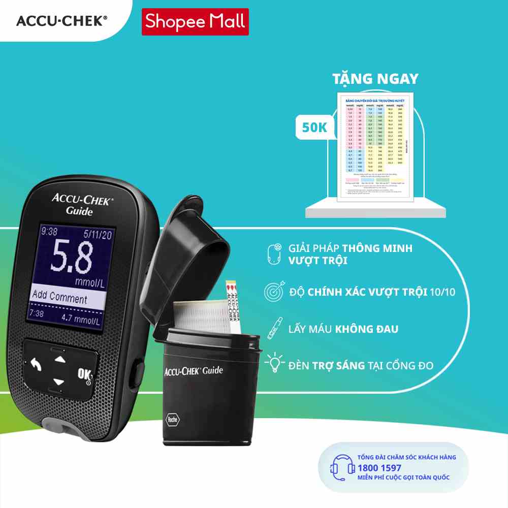 [Bảo Hành Trọn Đời] Máy Đo Đường Huyết ACCU-CHEK® Guide Kèm Hộp 50 Que Thử Đường Huyết ACCU-CHEK® Guide