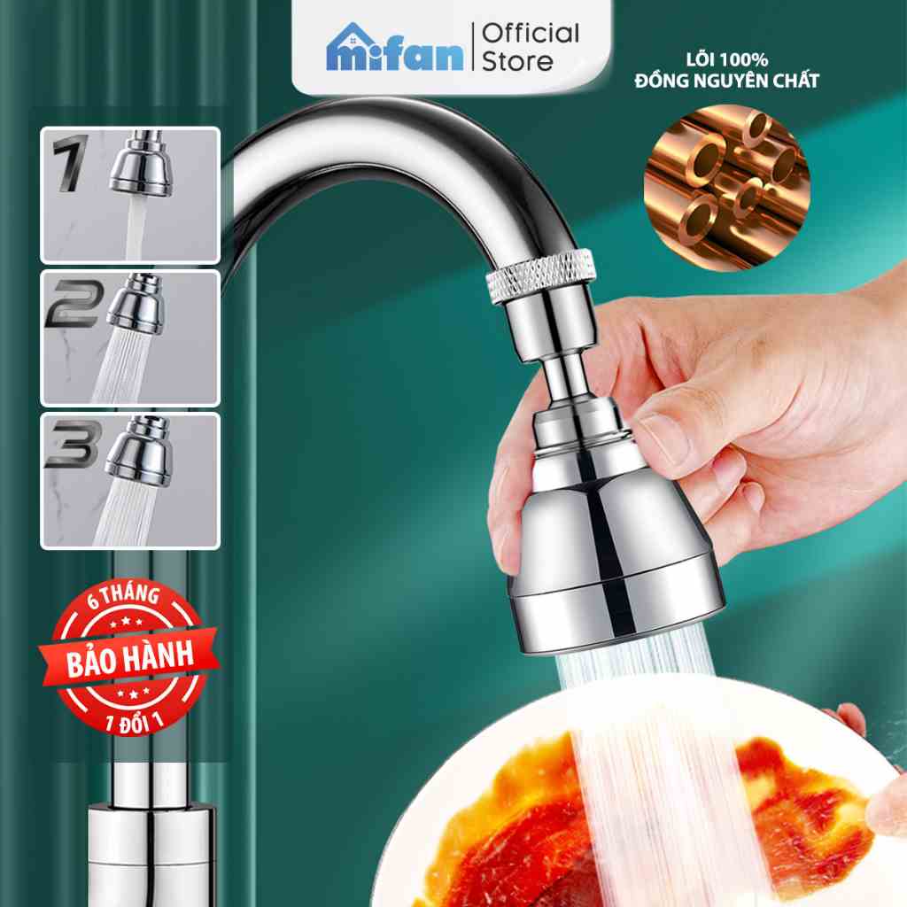 Đầu nối vòi rửa bát tăng áp đồng thau inox 304 cao cấp Mifan - Xoay 360 độ, 3 chế độ nước cực mạnh, sục khí chống bắn to