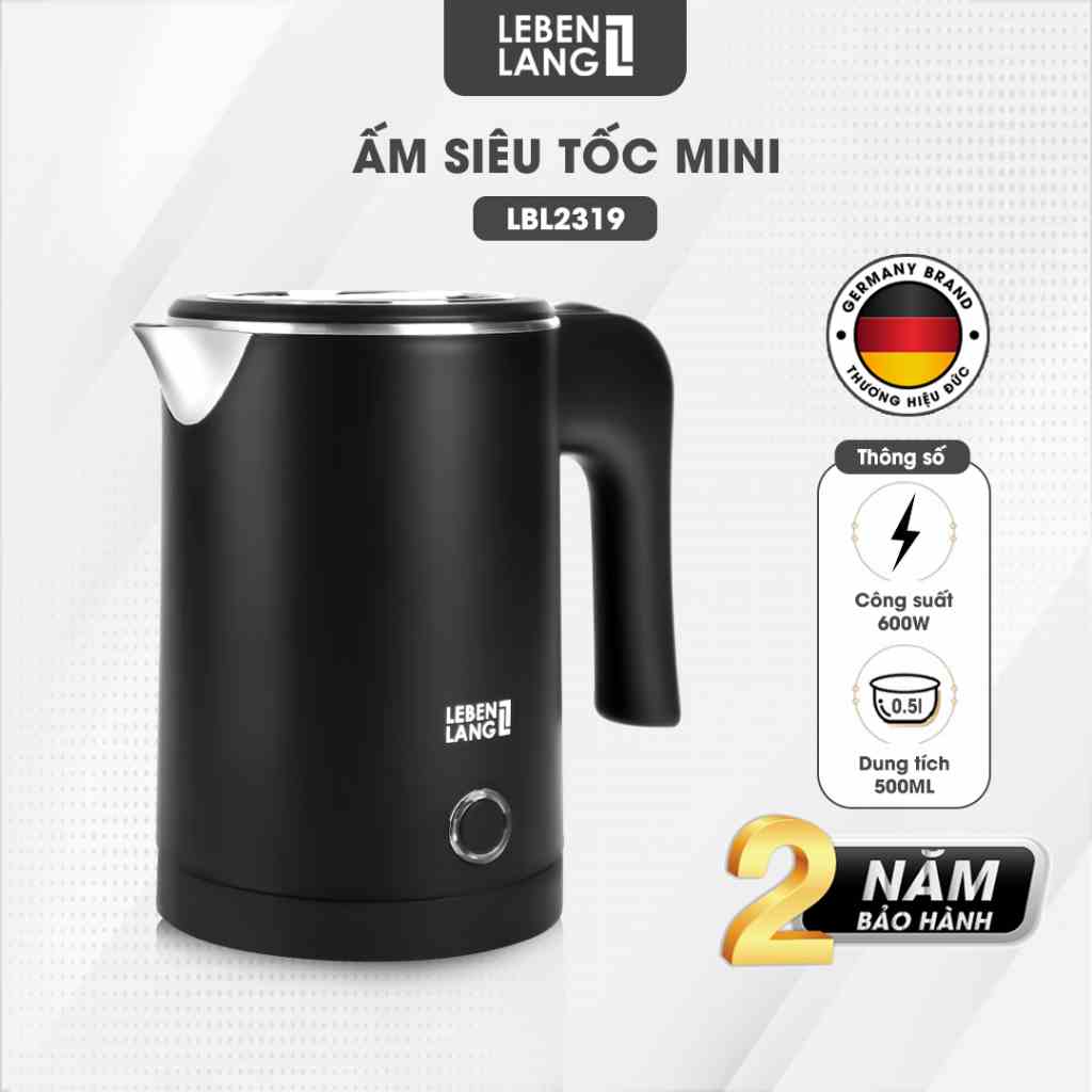 Ấm siêu tốc mini Lebenlang LBL2319, công suất 600W, sôi nhanh trong 4 phút, nhỏ gọn, dễ mang đi du lịch, bảo hành 2 năm