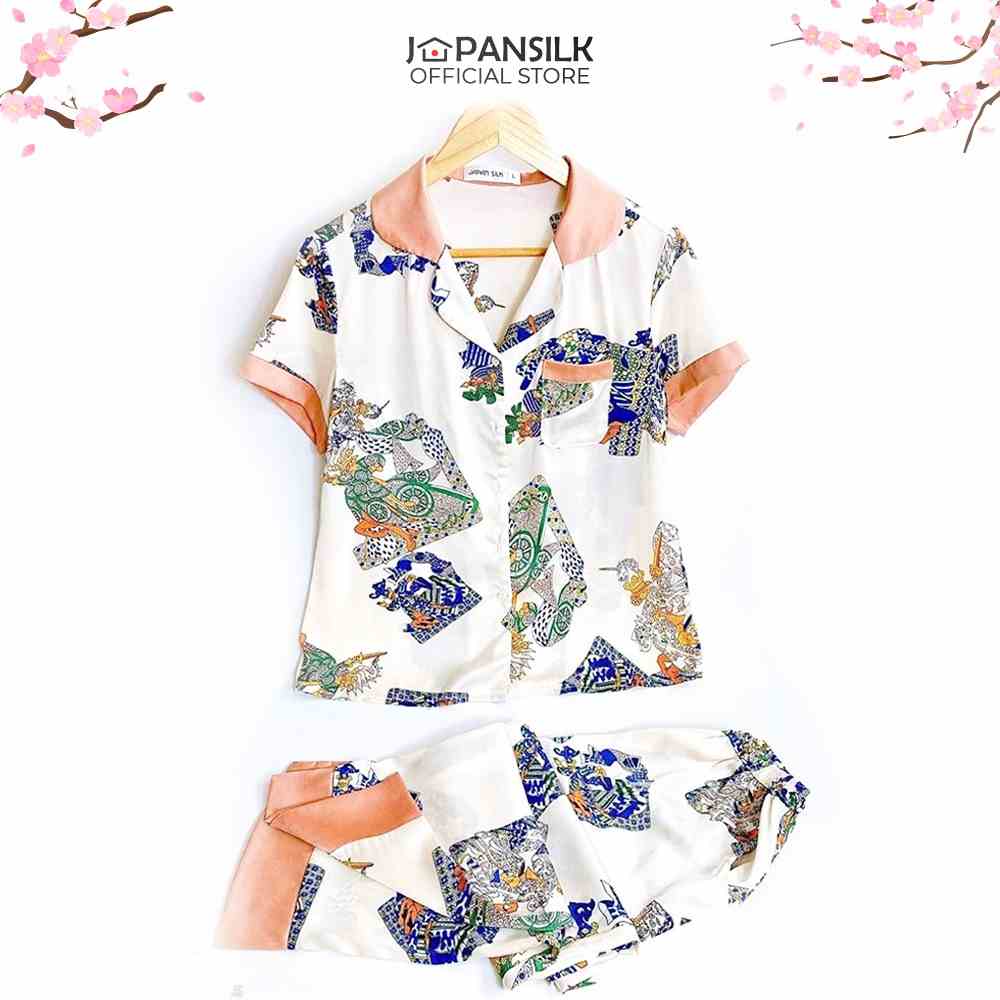 Bộ đồ ngủ Bigsize Pijama lụa Nhật cao cấp JAPANSILK, ngắn tay quần dài thổ cẩm mà hồng nhẹ CD084