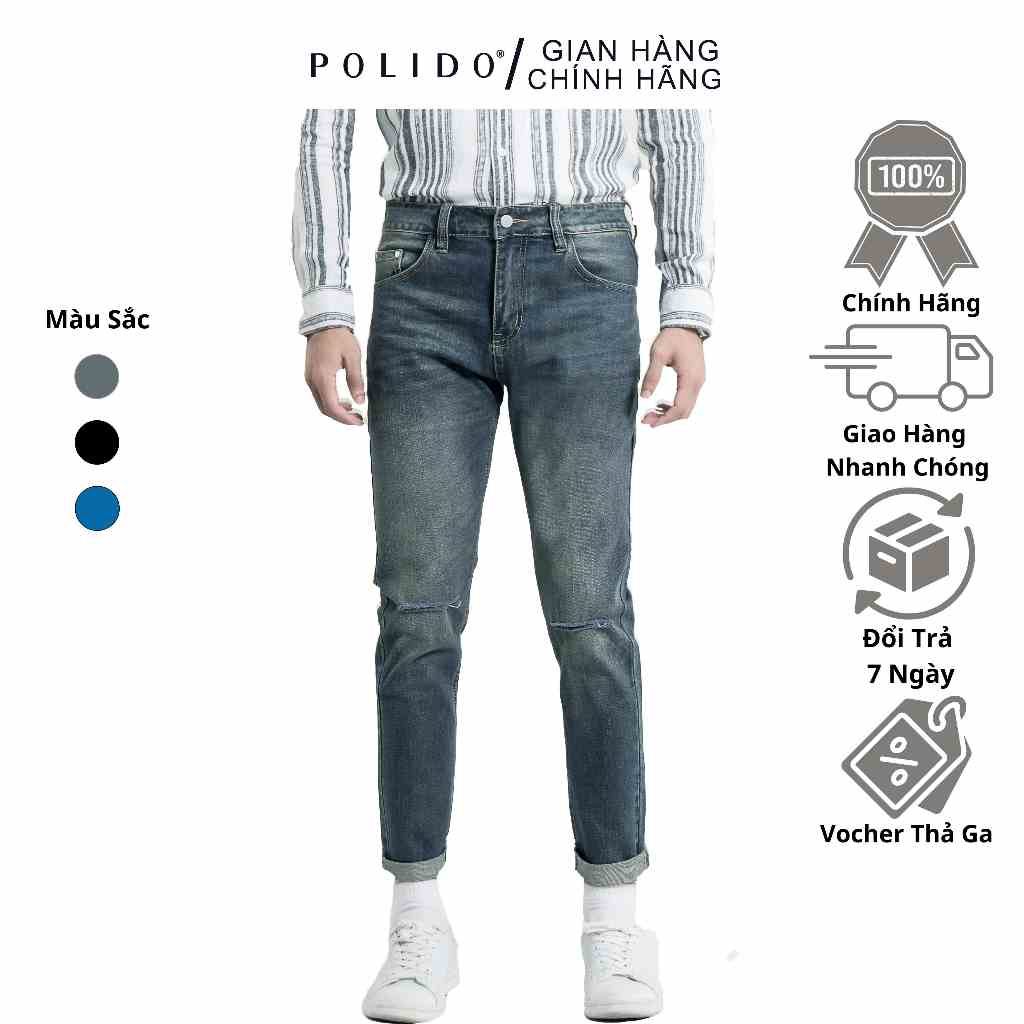 Quần Jeans Nam Rách Gối Polido Nam Chất Liều Dày Dặn Form Slimfit Thời Trang Nam Cá Tính Hiện Đại Phong Cách