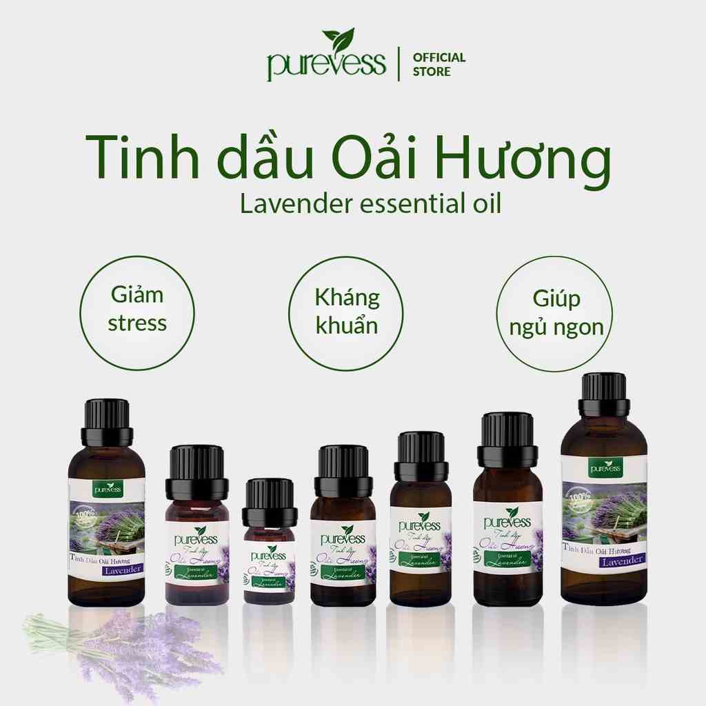 Tinh dầu Oải hương Purevess nguyên chất cao cấp giúp thư giãn, thơm phòng, ngủ ngon dung tích 10ml, 50ml, 100ml