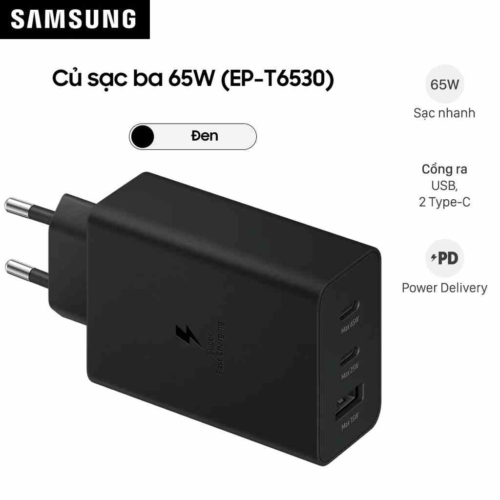 Củ sạc ba cổng Samsung T6530 (Max 65W) (Không kèm cáp) - Hàng Chính Hãng