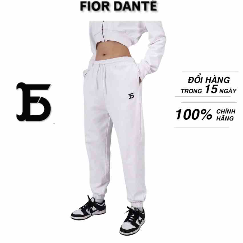 Quần Jogger Nữ Thêu LOGO FIOR DANTÉ Form Rộng Màu Trắng 100% Vải Cotton Lưng Thun Co Dãn