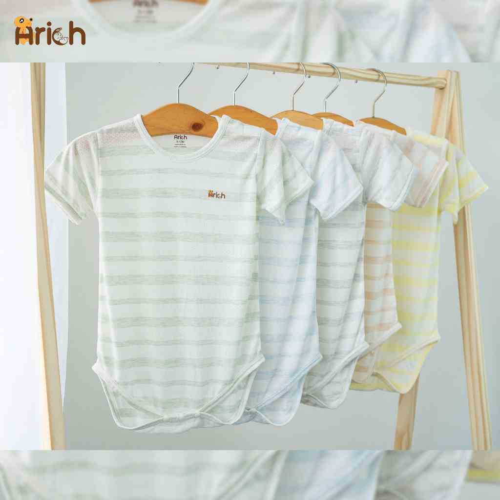 Bộ body chíp cộc tay vải sợi tre phối sọc Arich, sơ sinh (newborn) đến 18 tháng