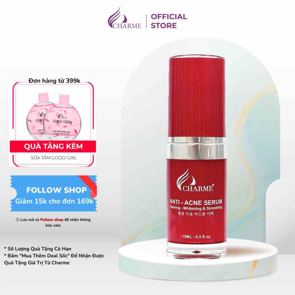 Serum ngừa mụn, thông đỏ, Charme anti acne, ngừa mụn, trắng da, 15ml