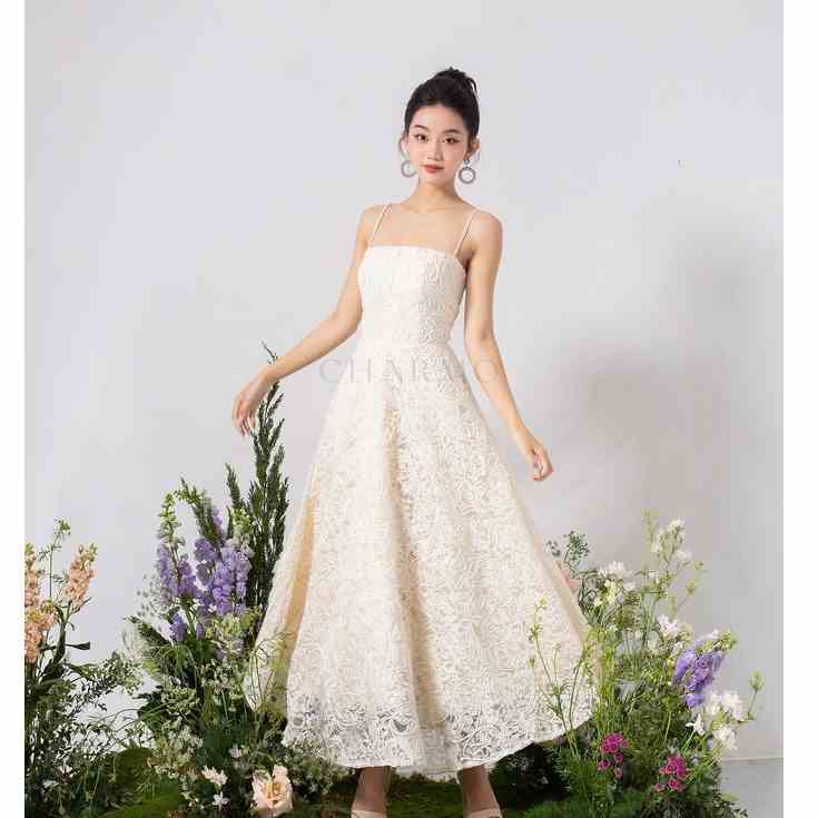 Đầm hai dây xòe thiết kế CHARMO ba lớp: lớp ren, lót, ren thêu không có độ co giãn Lace Midi Dress