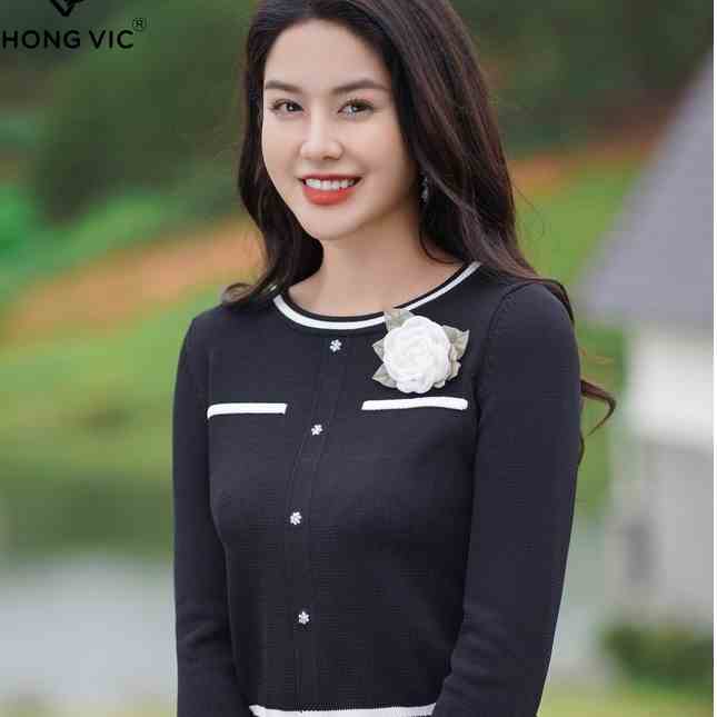 Áo len nữ thiết kế Hong Vic đen phối trắng dài tay AL28