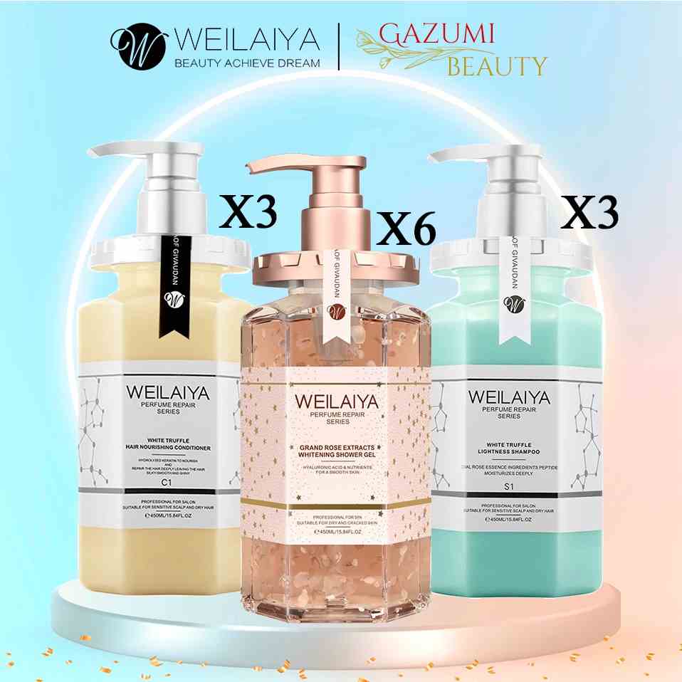 Bộ Sản Phẩm Weilaiya Dầu Gội Xả Nấm Truffle 450ml x 6 và Sữa Tắm Nước Hoa Trắng Da Toàn Thân 450ml x 6 - Gazumi Beauty