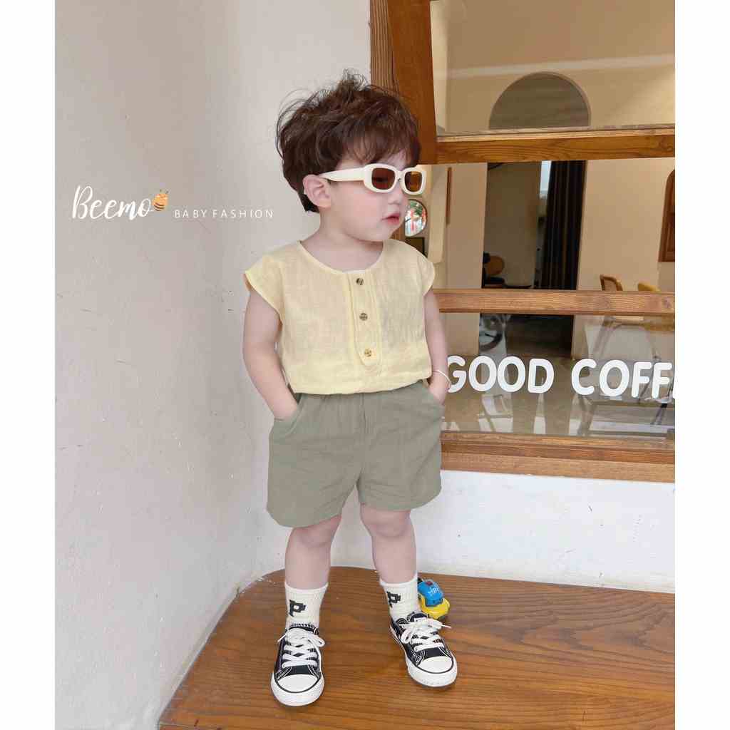 Set bộ ba lỗ Beemo may cúc gỗ chất liệu linen thấm hút mồ hôi tốt mặc đi chơi, vận động cho bé từ 1 - 7 tuổi 23166B