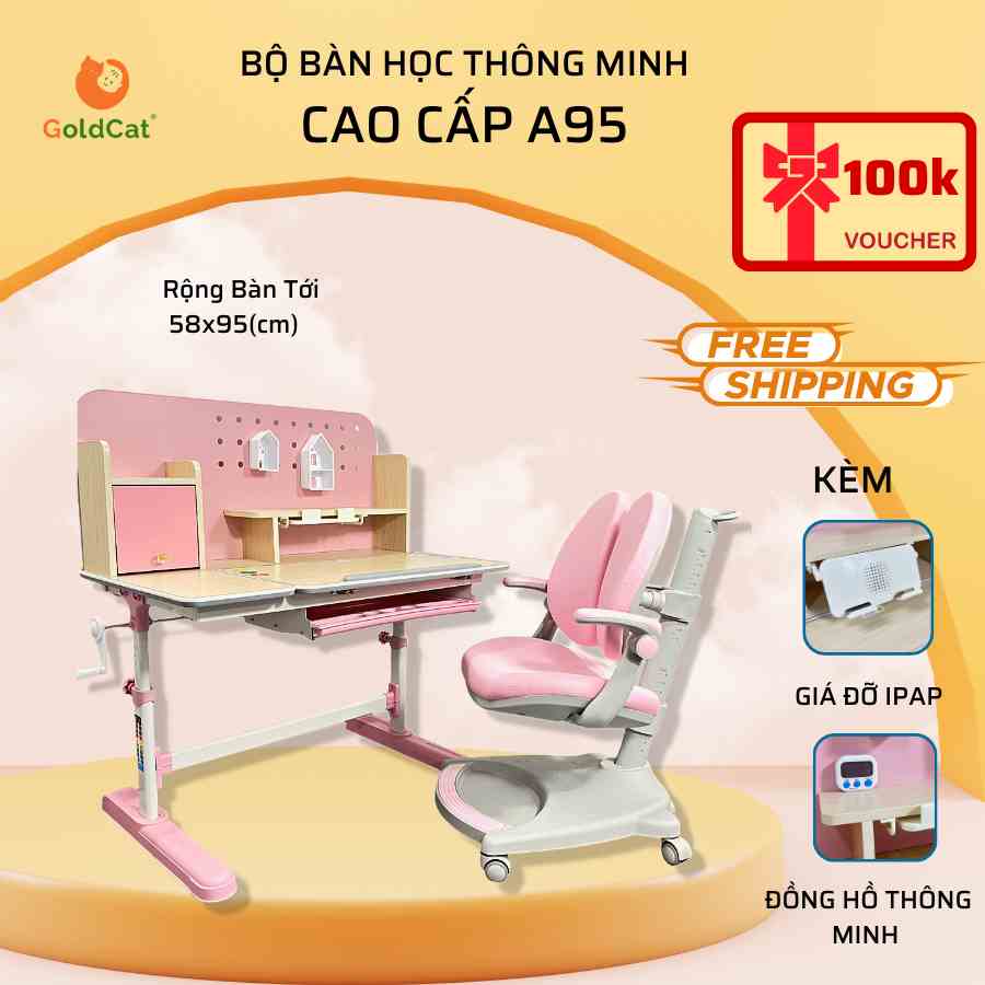 Bàn ghế thông minh cho bé chống gù chống cận cao cấp GoldCat A95 | Tặng kèm đồng hồ, giá kệ Ipad