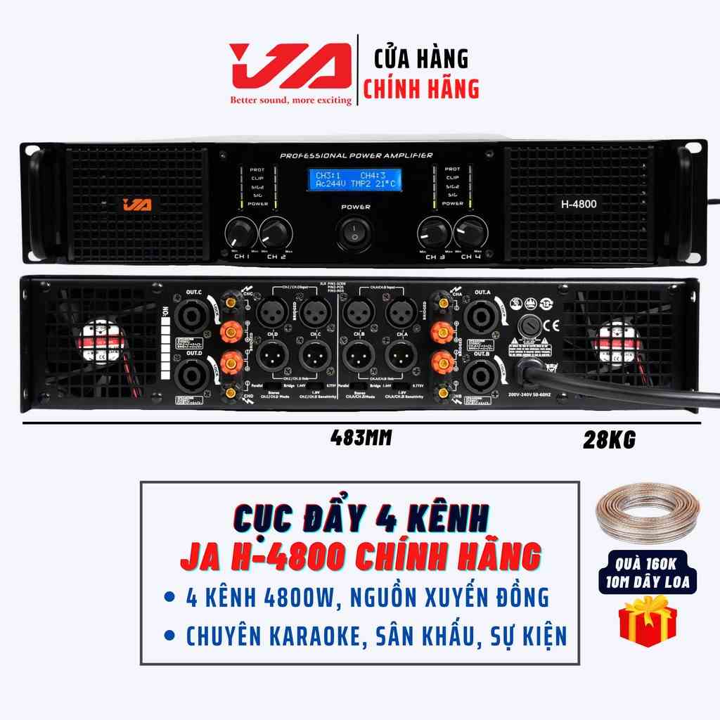 Cục Đẩy 4 Kênh JA H-4800 4800W Chính Hãng-Cục Đẩy Công Suất 4 Kênh Karaoke Gia Đình-Sự Kiện,Tặng 10M Dây Loa-JA Audio