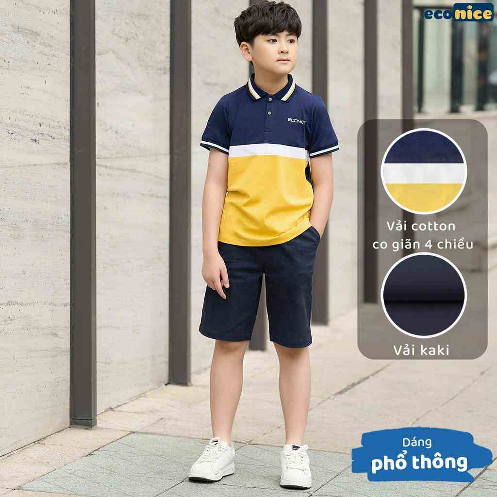 Bộ quần áo thun phông polo cho bé trai style Hàn Quốc Econice A102-Q20 . Size đại trẻ em 5, 6, 8, 10, 11,12 tuổi