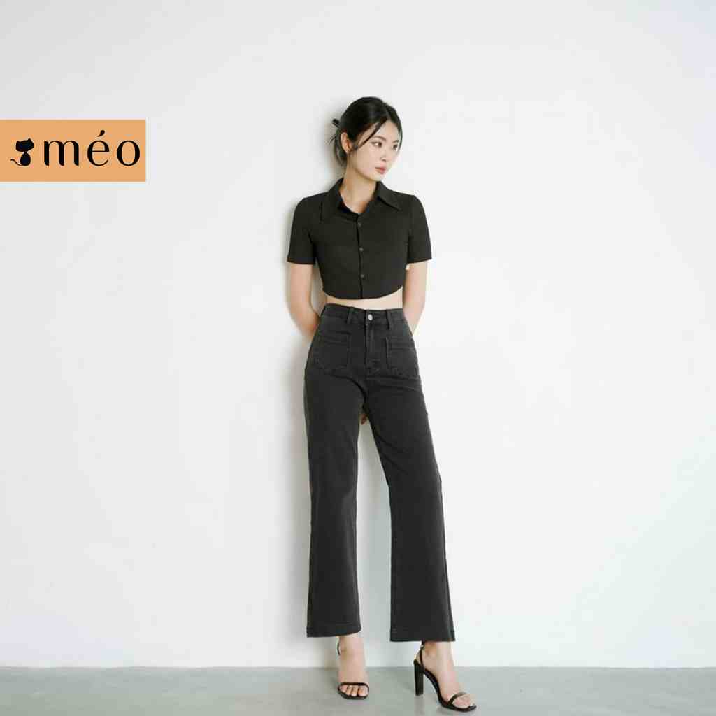 Áo thun nữ Méo shop form ôm cổ sơ mi tay ngắn croptop Navi