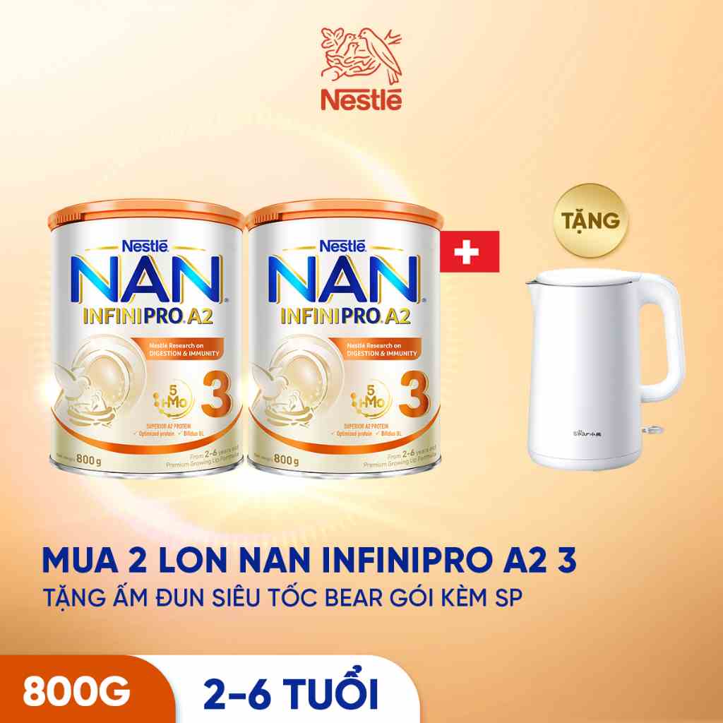 [Tặng Âm đun siêu tốc Bear] Bộ 2 Lon Sữa Bột Nestlé NAN INFINIPRO A2 bước 3 800g từ Thụy Sỹ