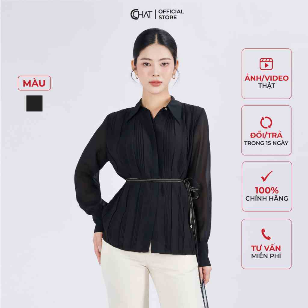 Áo Sơ Mi Nữ 𝐂𝐂𝐇𝐀𝐓 Dáng Suông Xếp Ly Thân Kèm Đai Chất Chiffon Cao Cấp 53FDH8005ST