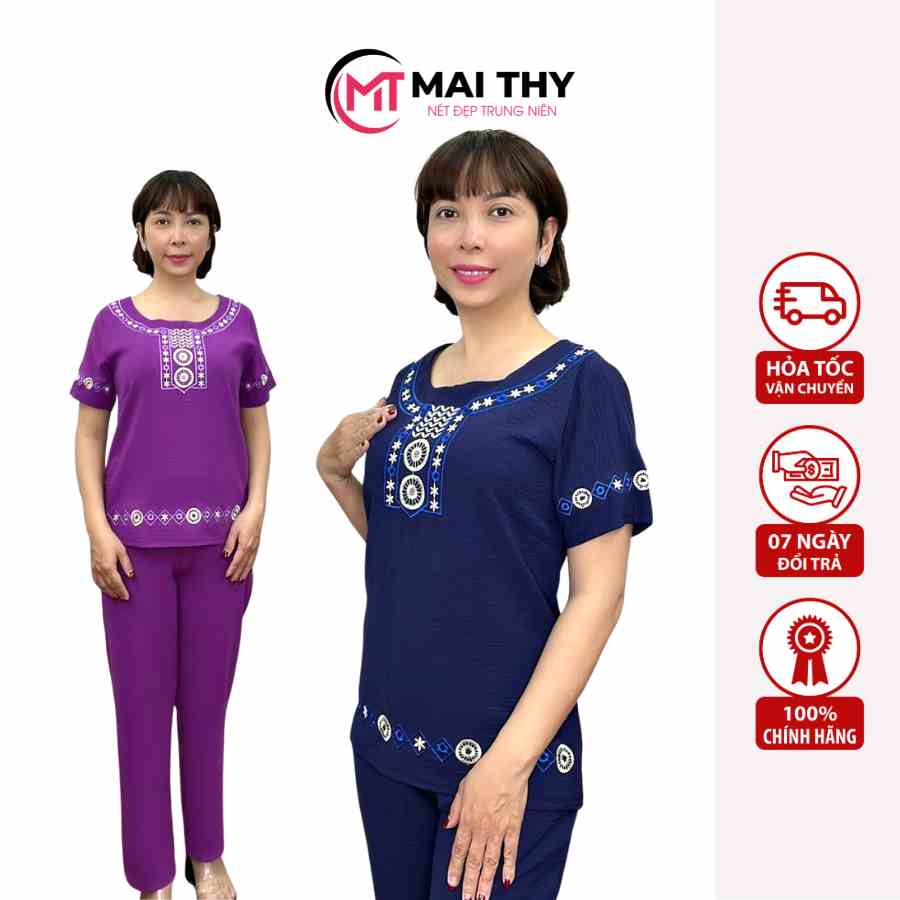 Bộ Trung Niên Nữ S817, Mẫu Đũi Thêu Viền Mặc Nhà Cao Cấp Cho Mẹ Set Quần Dài Ống Suông, Thời Trang Mai Thy U40