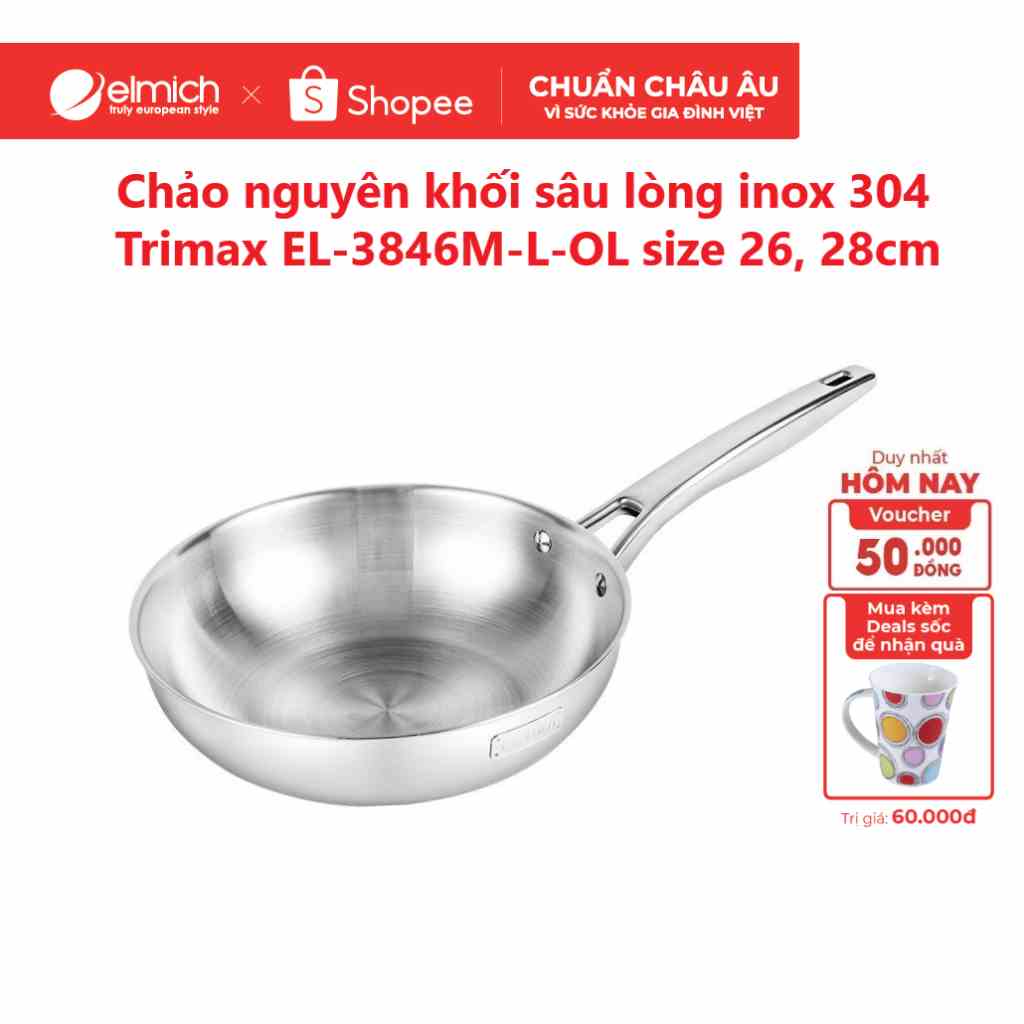 Chảo nguyên khối sâu lòng inox 304 cao cấp Trimax EL-3846M-L-OL size 26,28cm