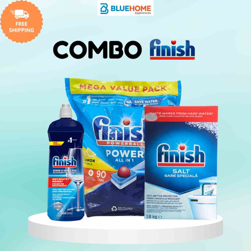 Combo Finish: Viên rửa bát Finish All in one 90 viên + Muối 1.5kg + Bóng 800ml