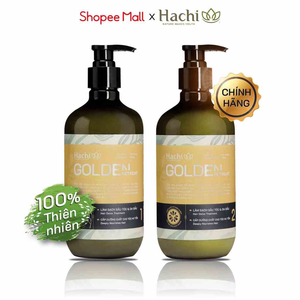 Combo dầu gội xả cao cấp argan HACHI VIETNAM Goldenretreat 500g vàng dành cho tóc hư tổn khô xơ