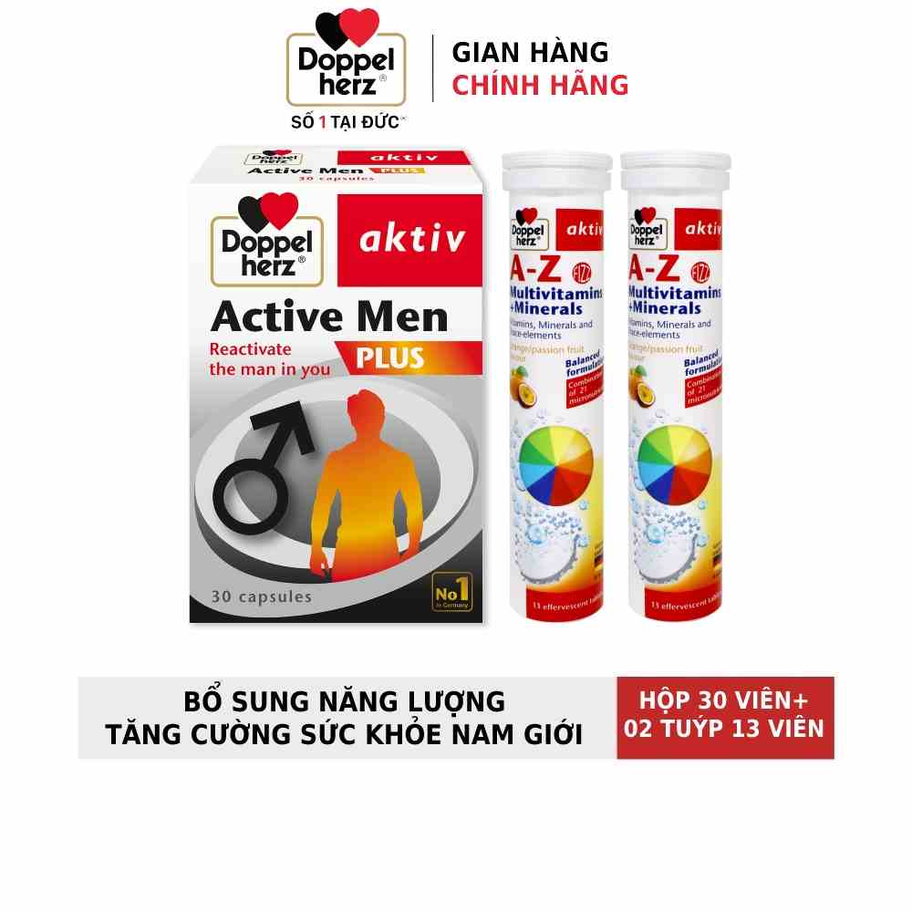 Combo bổ sung vitamin, tăng cường sức khỏe nam giới Doppelherz 02 A Z Fizz (13 viên/tuýp) và  Active Men Plus ( 30 viên)