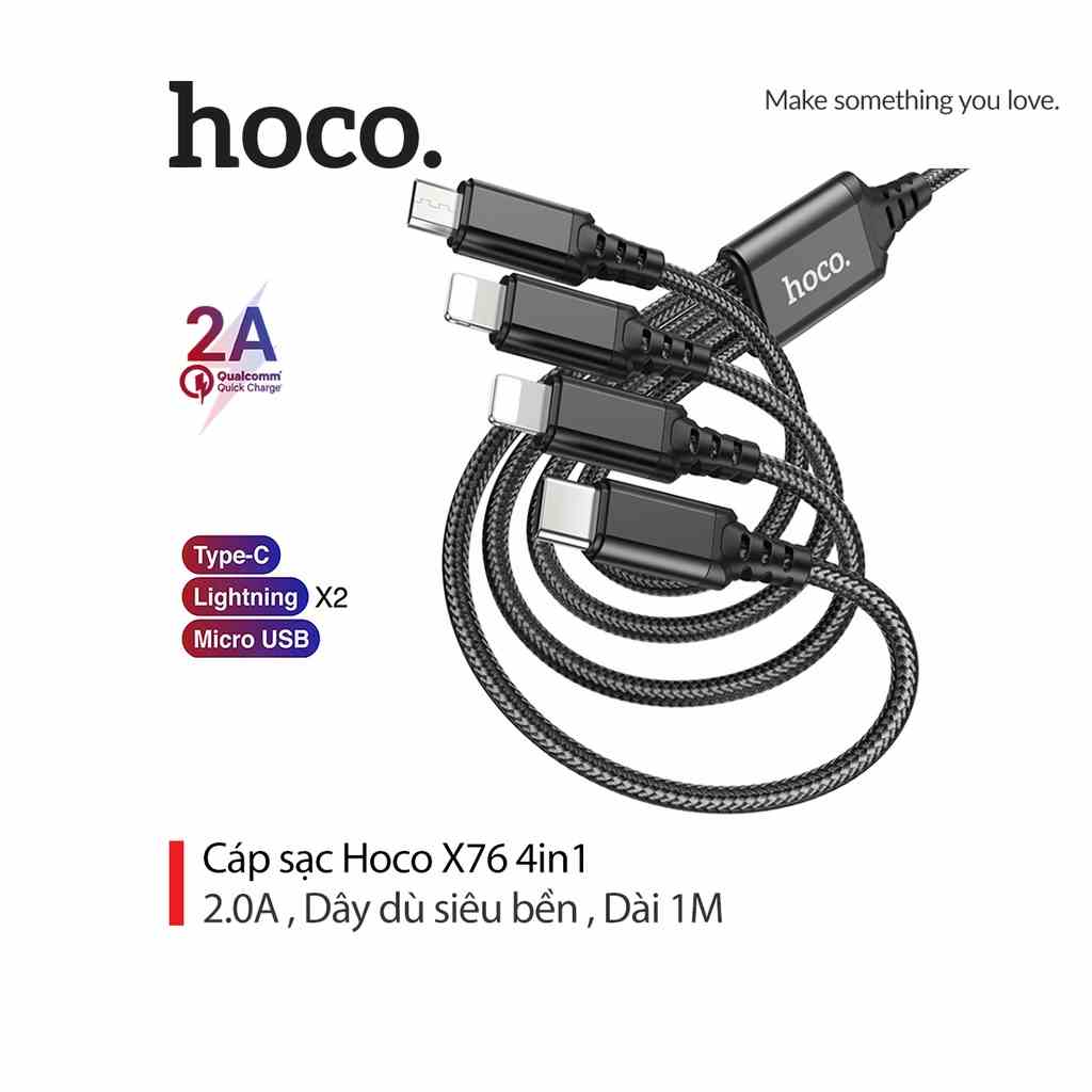 [Mã BMLTA35 giảm đến 35K đơn 99K] Cáp sạc 4 đầu hoco. X76 dây dù siêu bền chuẩn sạc nhanh 2A dài 1M ( 2 t.á.o )