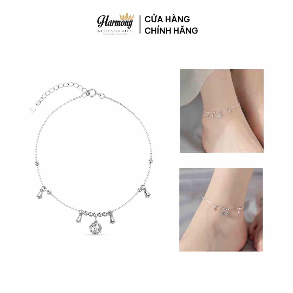 Lắc chân nữ bạc 925 xi bạch kim có chuông kêu đính hạt bi tròn Laura | HARMONY ACCESSORIES LC17